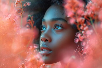 A vogue portrait of a stylish African woman striking a pose surrounded by pink blossoms.