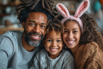 Affectionate black family celebrates Easter at home, sharing joyful moments, laughter, and love. - Powered by Adobe