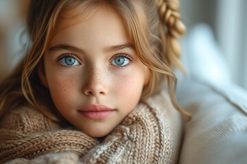 A soft portrait capturing the innocence and loveliness of a sad, pensive young girl.