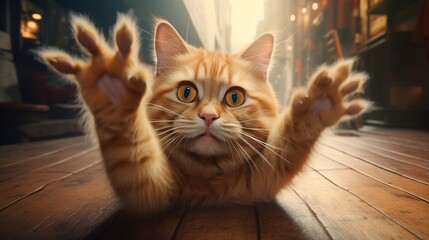 Warm and fuzzy cat reaching out towards the camera lens, radiating an inviting atmosphere.