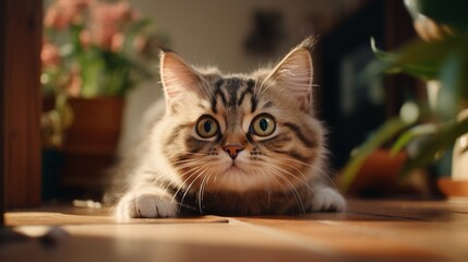Whimsical cat exploring its surroundings, captured mid-reach towards the lens in a warm household.