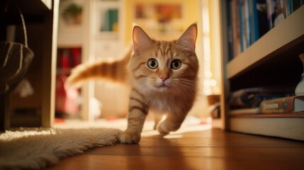 Whimsical cat exploring its surroundings, captured mid-reach towards the lens in a warm household.