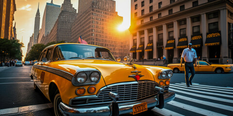Yellow vintage checkered taxi in New York City - obrazy, fototapety, plakaty