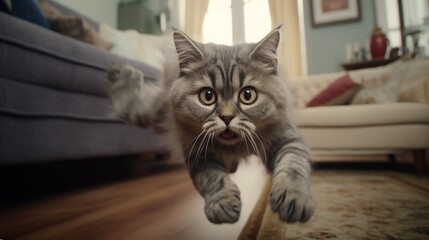 Whiskered companion reaching out to the camera lens, expressing curiosity in a comfortable home setting.