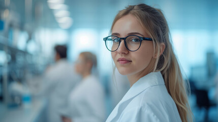 A girl medic in glasses. Portrait of young Caucasian female in white medical uniform. doctor in private clinic or hospital. Healthcare