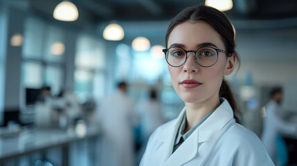 Fototapeta premium A girl medic in glasses. Portrait of young Caucasian female in white medical uniform. doctor in private clinic or hospital. Healthcare