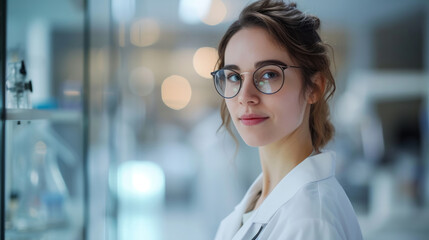 A girl medic in glasses. Portrait of young Caucasian female in white medical uniform. doctor in private clinic or hospital. Healthcare