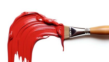 paint brush with red paint leaking. red paint brush. brush with red paint splatter on white background. red paint on a brush