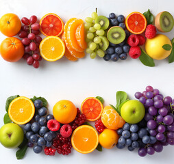 An array of colorful fresh fruits, including oranges, kiwis, grapes, and berries, artfully arranged on a vibrant white background