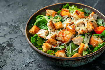 A delicious chicken caesar salad with parmesan cheese, dressing and croutons.