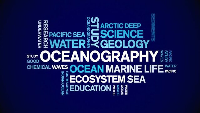 Oceanography animated tag word cloud;text design animation kinetic typography seamless loop.