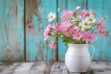 White jug filled with pink and white daisies, placed against a rustic blue wooden background