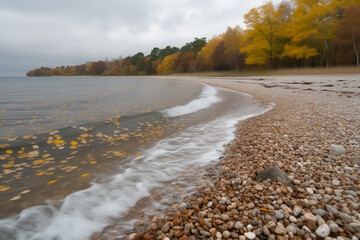 Autumn scene at a pebble beach with gentle waves, surrounded by trees showcasing vibrant fall foliage