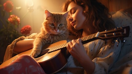 With a soft melody playing in the background, a young woman and her cat create a harmonious moment, their connection a silent duet of love.