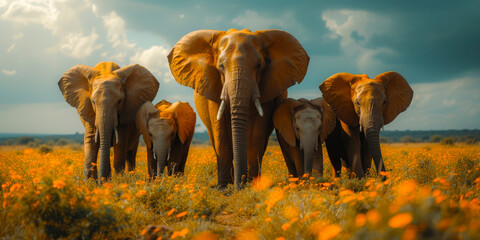 African elephants in the wild. National Park. - obrazy, fototapety, plakaty