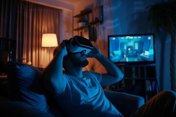 person watching tv at home man experiencing virtual reality