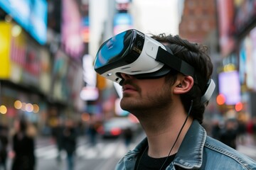 man experiencing virtual reality  on  city