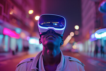 man experiencing virtual reality  on  city
