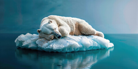 A polar bear rests on a shrinking ice floe in the calm arctic waters, symbolizing climate change impact.