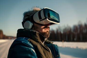 man experiencing virtual reality  on  city