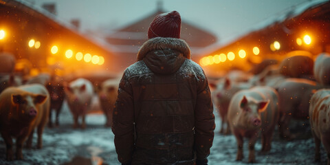 A man stands on a large pig farm in a gloomy gray environment. - obrazy, fototapety, plakaty