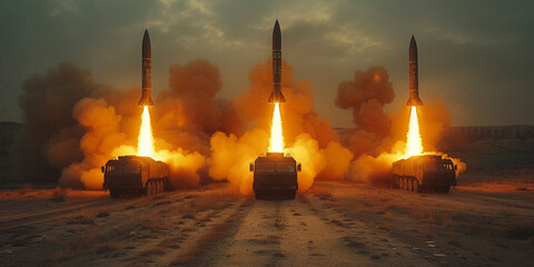 Group launch of ballistic missiles at the test site. - obrazy, fototapety, plakaty
