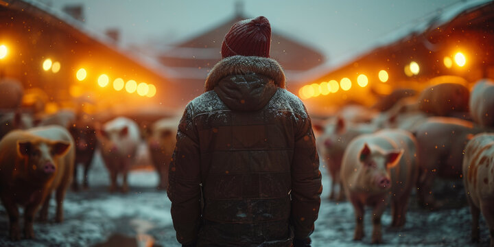 A man stands on a large pig farm in a gloomy gray environment.
