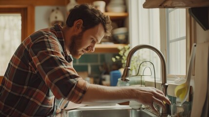 A man trying to fix a faucet in the kitchen - obrazy, fototapety, plakaty