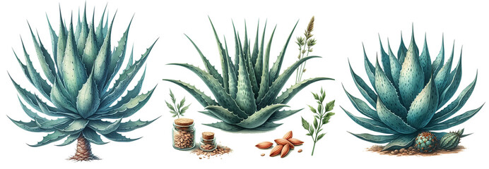 Desert Plant. Watercolor Agave Plant Leaves illustration on white background.