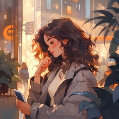 Stylish Young Woman Using Smartphone in Urban Evening Setting