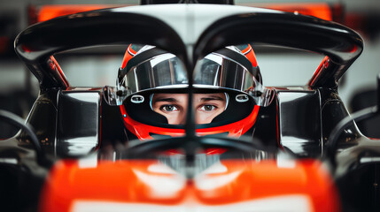 A Formula 1 pilot in a helmet before start of the race. Steely determination, fueling the fire within.