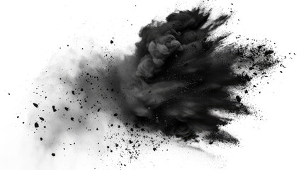 Explosive burst of black powder on a white background, capturing a dynamic motion freeze.