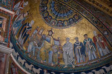 Fototapeta na wymiar apse, mosaic with the Coronation of the Virgin, 12th century, work of Pietro Cavallini, The Basilica of Santa Maria in Trastevere, Founded in the 3rd century by Pope Callistus I, Rome, Lazio, Italy