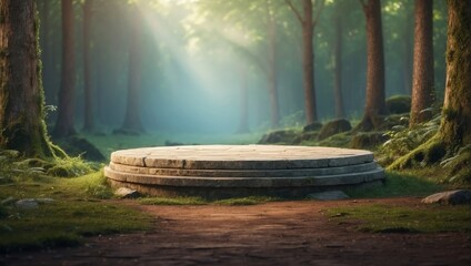Round stone podium in green forest. 3d illustration