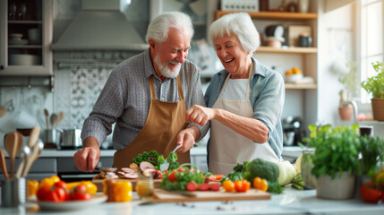 Fototapeta na wymiar Happy senior couple cooking together at home. Senior couple in kitchen, cooking healthy food together and happy in retirement lifestyle. Elderly woman chopping vegetables with apron, old white man in 