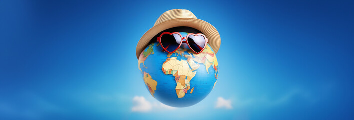 Tropical background. Globe on sea beach in sunny day. Copy space for text