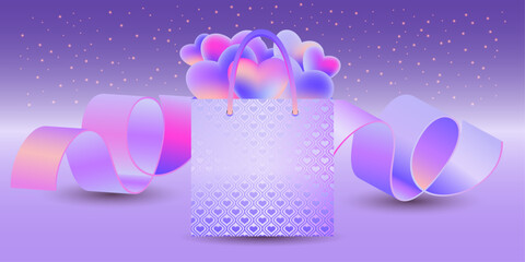 Bright colorful greeting card with 3D hearts in gift bag box on gradient sky background with ribbon and falling glowing lights stars. Holiday vector template for wallpaper, poster, flier. EPS 10.