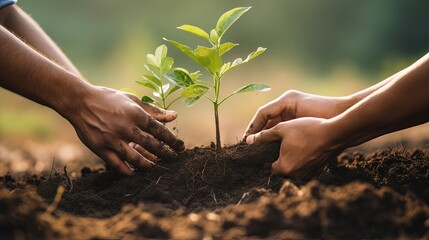Fototapeta premium Two men planting a tree concept of world environment day planting forest, nature, and ecology A young man's hands are planting saplings and trees that grow in the soil while working to save the world.