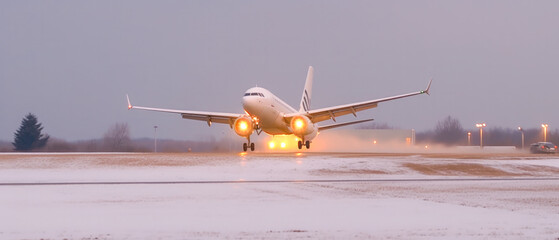 Airplane takeoff in difficult weather conditions - obrazy, fototapety, plakaty