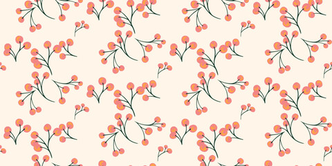 Abstract tiny branches with shapes berries dots, drops seamless pattern on a light background. Stylized simple juniper, boxwood, viburnum, barberry patterned. Vector hand drawn sketch.