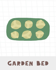 Learn farm objects flashcard. Learning English words for kids. Cute hand drawn doodle educational card with cabbage garden bed. Preschool learning material