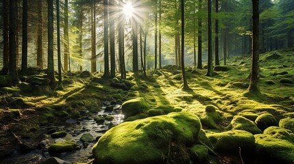 Sun shines through light spruce forest, soil overgrown with moss and fern, mountain range Deister, Lower Saxony Highlands, Niedersachsen, Germany, Europe