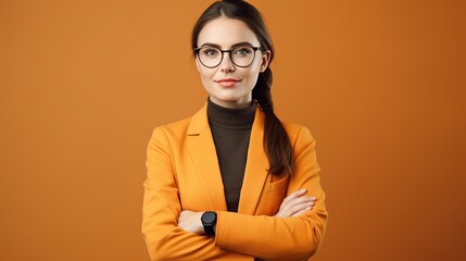 Young successful employee business woman corporate lawyer wear classic formal orange suit glasses work in office look camera hold hands crossed folded isolated on plain beige color