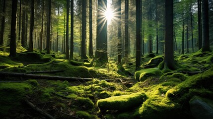 Fototapeta na wymiar Sun shines through light spruce forest, soil overgrown with moss and fern, mountain range Deister, Lower Saxony Highlands, Niedersachsen, Germany, Europe