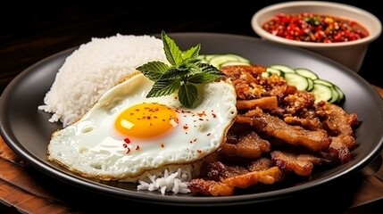 tir-Fried Pork with Garlic and pepper and cooked thai jasmine rice topped with fried egg in white...