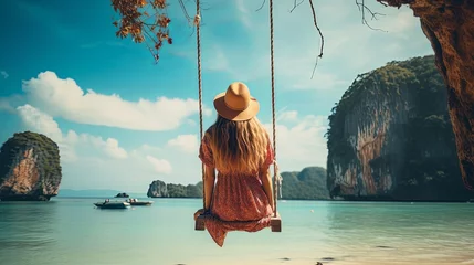 Zelfklevend Fotobehang Railay Beach, Krabi, Thailand Traveler woman relaxing on swing above Andaman sea Railay beach Krabi, Leisure tourist travel Phuket Thailand summer holiday vacation trip, Beautiful destinations place Asia, Happy dream concept
