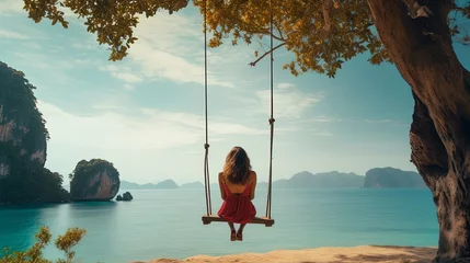 Printed roller blinds Railay Beach, Krabi, Thailand Traveler woman relaxing on swing above Andaman sea Railay beach Krabi, Leisure tourist travel Phuket Thailand summer holiday vacation trip, Beautiful destinations place Asia, Happy dream concept
