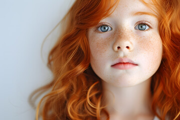 Closeup portrait of pretty red hair little girl isolated on white background