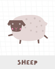 Learn farm animals flashcard. Learning English words for kids. Cute hand drawn doodle educational card with sheep character. Preschool learning material
