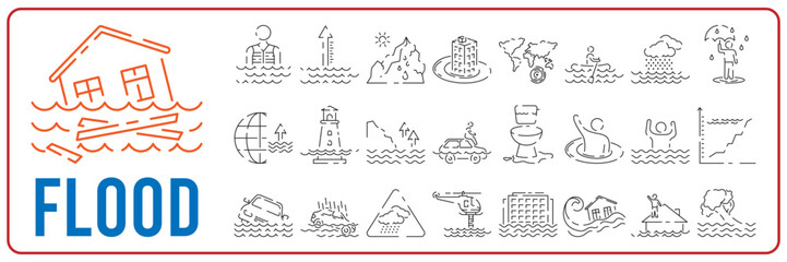 Global disasters. Modern vector plain line design icon. Drought, flood and water. Plant and nature or farm. Famine and insurance. Line icon set